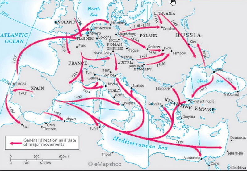 Overview of Jewish migration and expulsions between the year 1000 and 1500 (https://www.jewishwikipedia.info/diagrams.html).