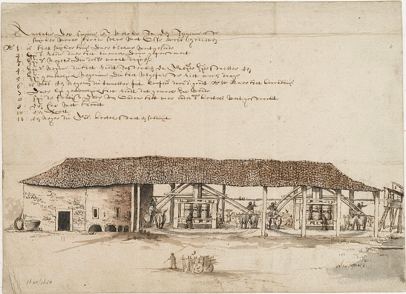 Suikermolens aangedreven door ossen. Tekening van Frans Post (1612-1680) gemaakt in 1640 in de Nederlandse kolonie in Brazilië.