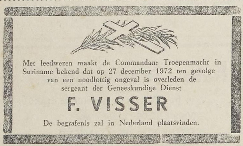 Announcement of the death of sergeant F. Visser in the Vrije Stem 30-12-1972